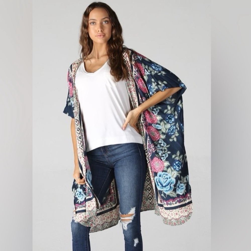 SOLD thru live listing! Angie Boutique Navy Blue Floral Duster Boho Kimono Shrug